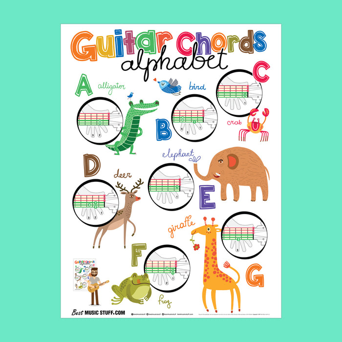 Guitar Chords Alphabet Poster with Easy Guitar Method Songbook for Kids