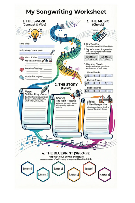Songwriting Made Simple Poster – Complete Creative Worksheet Blueprint (42 × 76 in)