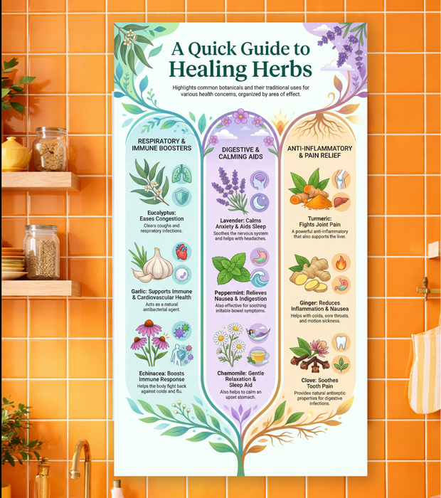 A Quick Guide to Healing Herbs Poster - Traditional Herbal Uses Visual Chart (42 × 76 in Printable PNG)