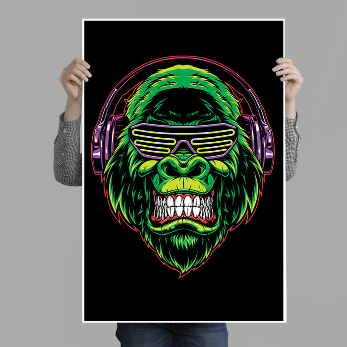 Green Gorilla with Headphones Poster Print