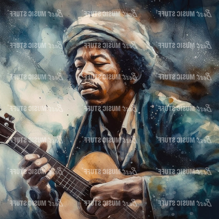 Jimi Hendrix: A Soulful Symphony in Watercolor • High Quality Original Art Poster Download, 288.25 inches wide by 288.25 inches high at 72 DPI