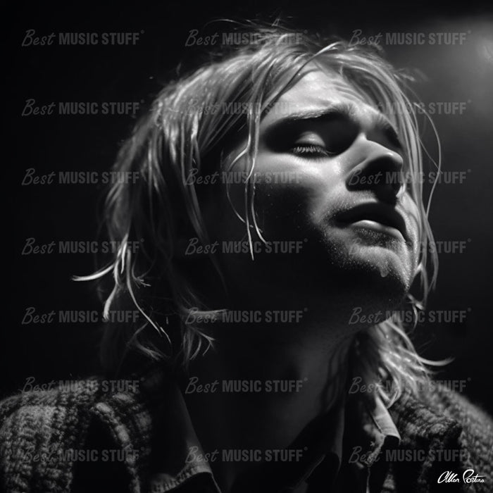 Heartfelt Melodies: A Captivating Shot of Kurt Cobain • High Quality Original Art Poster Download (85.3x85.3 inches) • NOT A REAL PHOTO