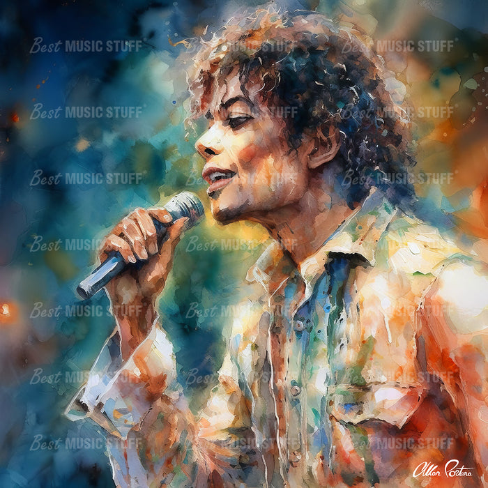 Mesmerizing Dreamlike Symphony: Michael Jackson's Passionate Performance in Watercolor Splendor • High Quality Original Art Poster Download • 85.3" x 85.3" at 72 DPI