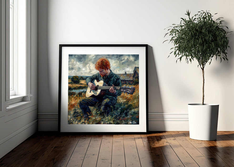 Strumming Serenity: Ed Sheeran's Monet-Inspired Melodies Amidst Nature's Bliss • High Quality Original Art Poster Download • 85.3" x 85.3" at 72 DPI