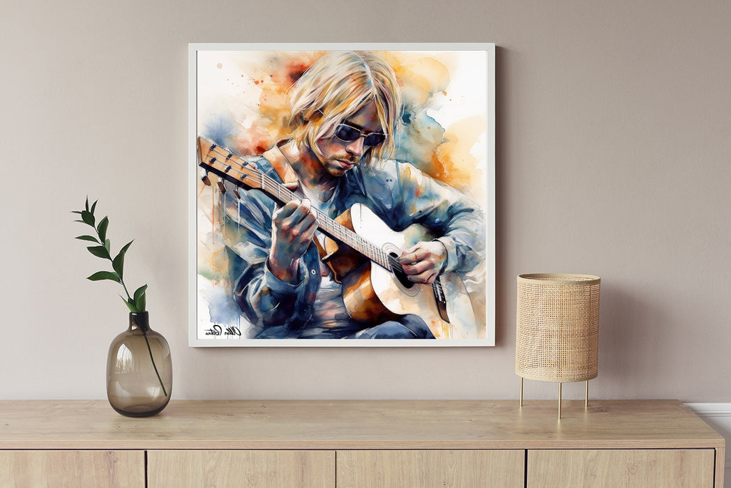 Dreamlike Serenade: Kurt Cobain in Watercolor Painting • High Quality Original Art Poster Download (85.3x85.3 inches)