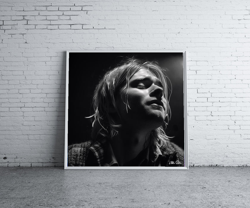 Heartfelt Melodies: A Captivating Shot of Kurt Cobain • High Quality Original Art Poster Download (85.3x85.3 inches) • NOT A REAL PHOTO
