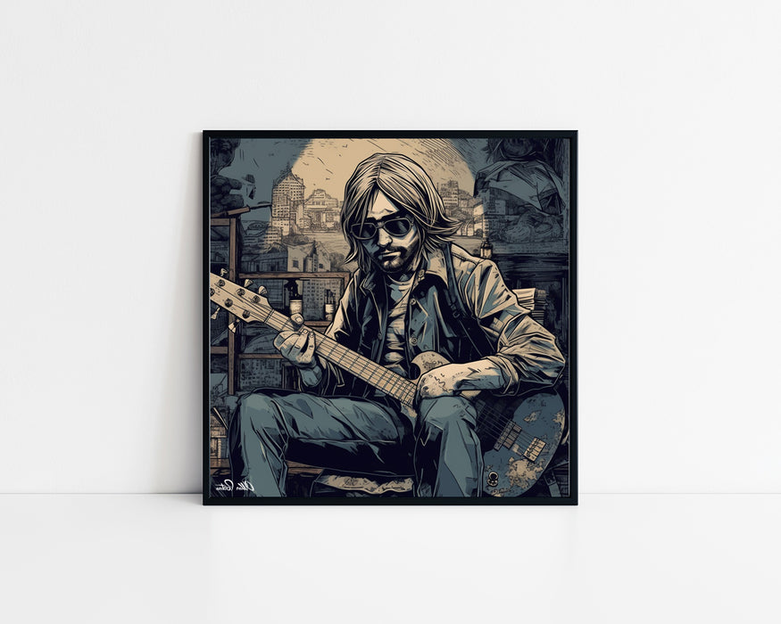 Kurt Cobain: Rock Icon in Comic Book Style • High Quality Original Art Poster Download (85.3" x 85.3")