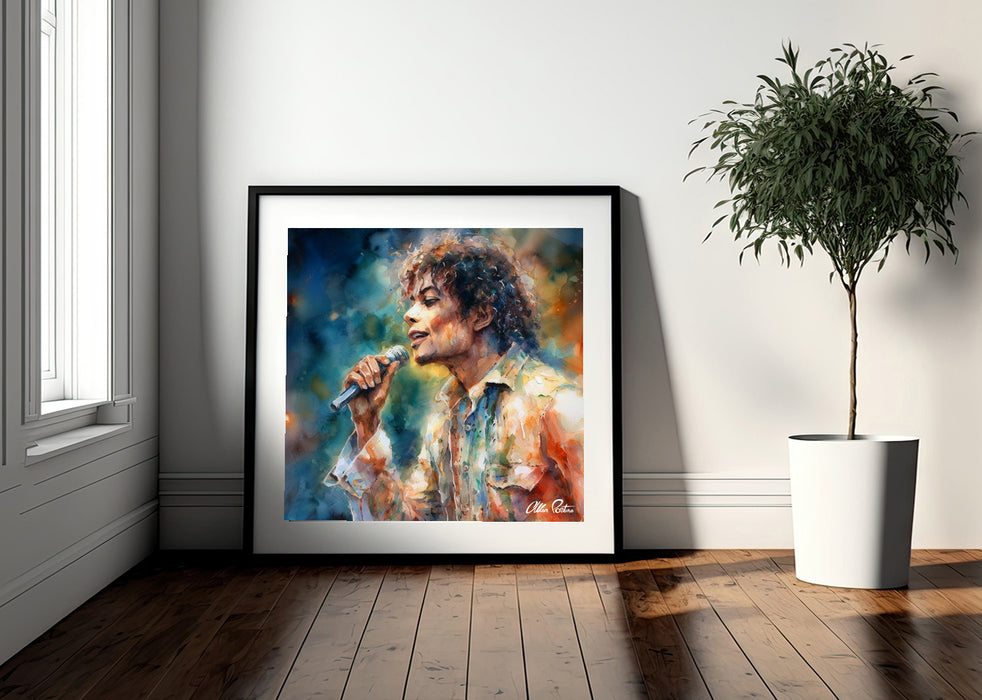 Mesmerizing Dreamlike Symphony: Michael Jackson's Passionate Performance in Watercolor Splendor • High Quality Original Art Poster Download • 85.3" x 85.3" at 72 DPI
