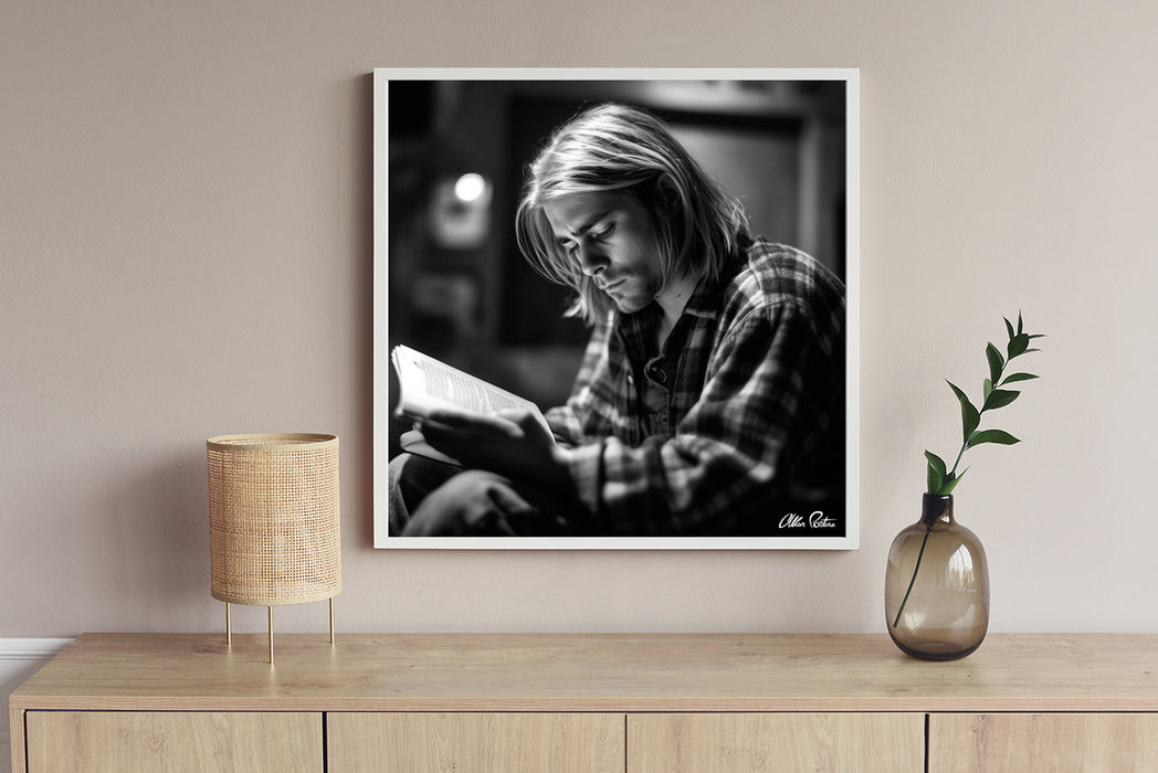 Lost in Thought: Kurt Cobain Reading a Book • High Quality Original Art Poster Download (85.3" x 85.3") • NOT A REAL PHOTO