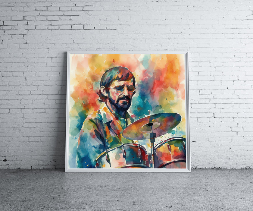 Ringo's Rhythmic Harmony: Watercolor Drumming Poster Download • 341x341 inches